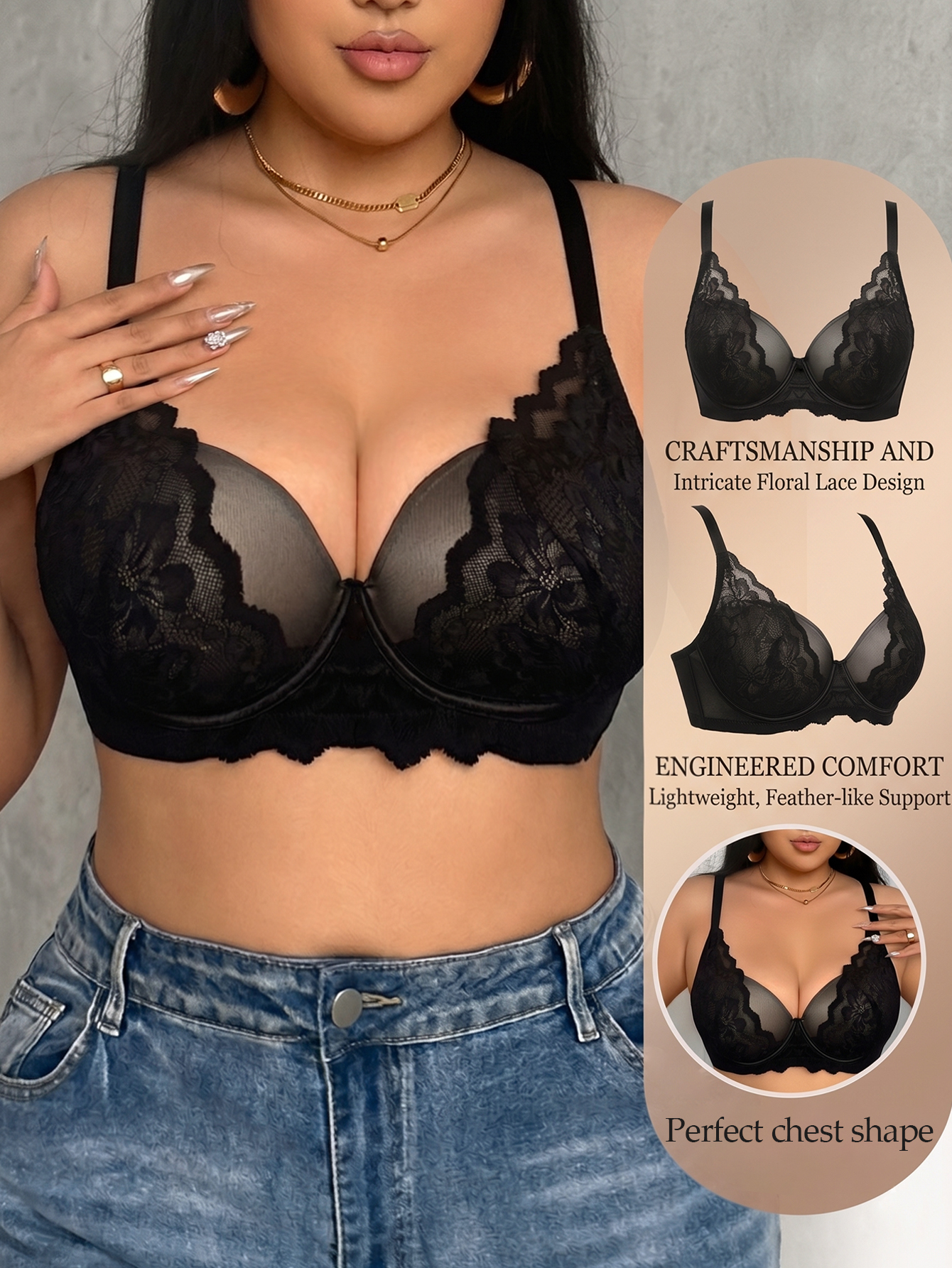 Wide Strap Plus Size Women Bra - Plunge Bra Push Up のレビューと価格