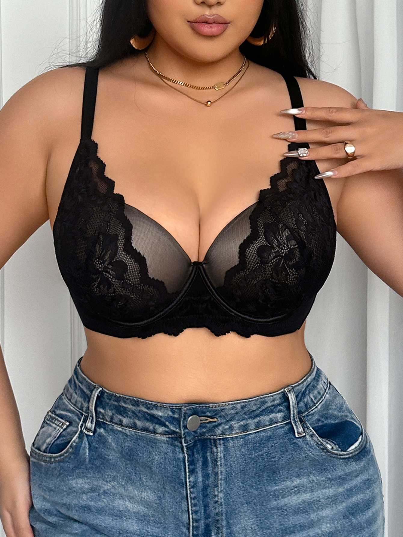 Wide Strap Plus Size Women Bra - Plunge Bra Push Up のレビューと価格
