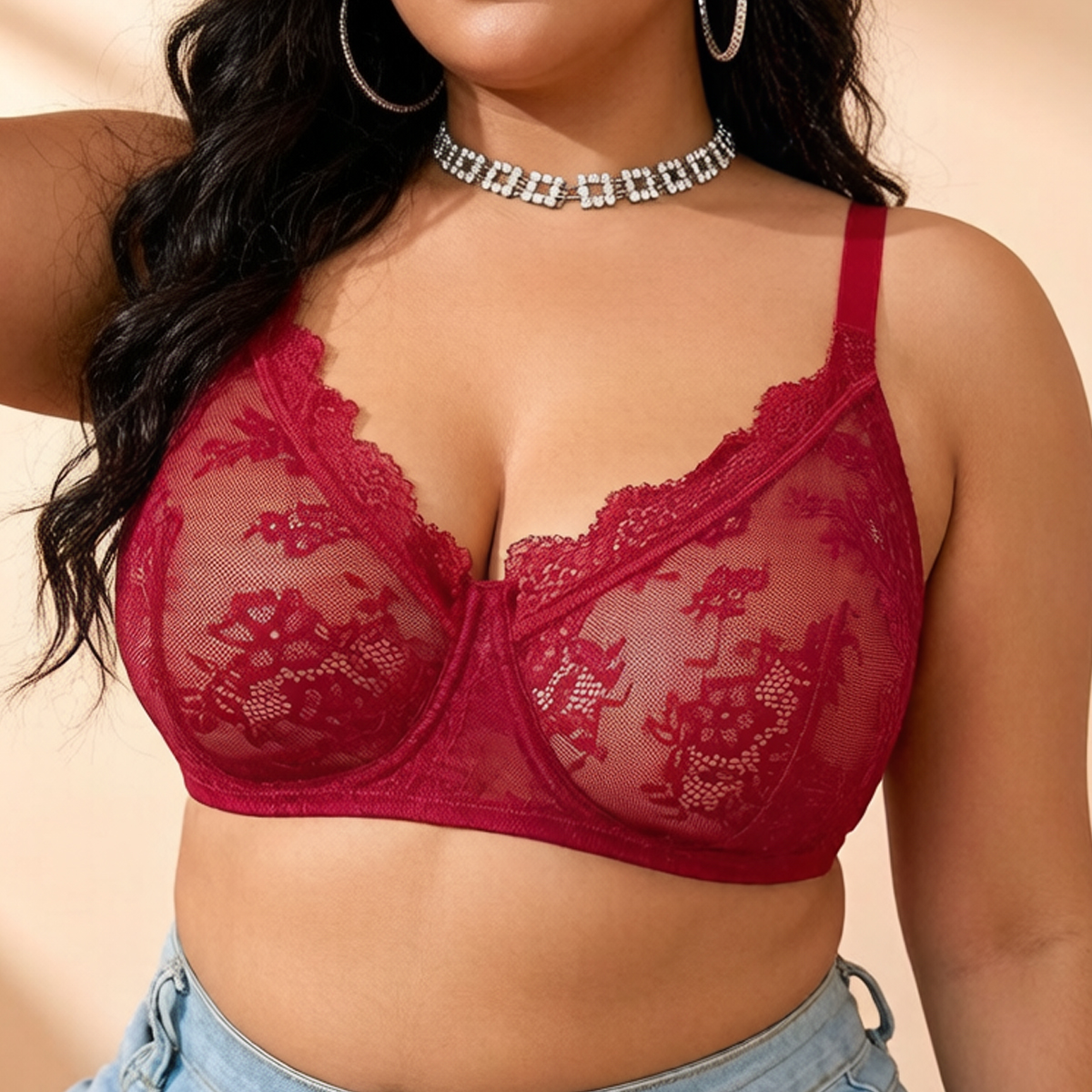 Women Plus Size Red Lace Sheer - Sheer Bra Lace のレビューと価格
