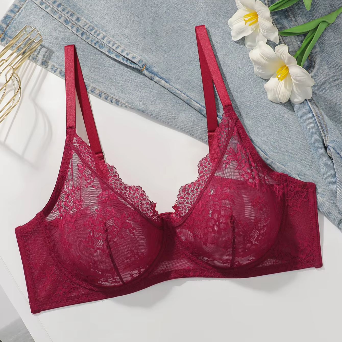 Women Plus Size Red Lace Sheer - Sheer Bra Lace のレビューと価格